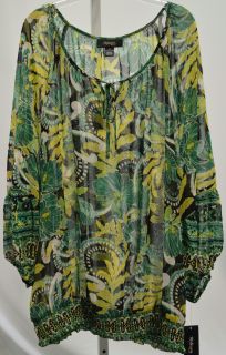 Style Co Womens Plus 3X Sheer Floral Print Top Green Multi
