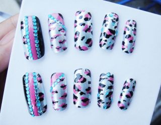 3D Kawaii Leopard Print Baby Blue Pink Nail Design Set