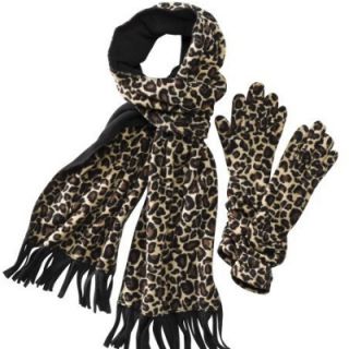 Womens Leopard Print Fleece Gloves Scarf Set