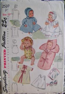 RARE Original Vtg 40s Simplicity 2537 Baby Doll Clothes Pattern Uncut 15" DY Dee