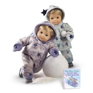 New American Girl Bitty Baby Twins Matching Snowy Day Snowsuits Book Outfits
