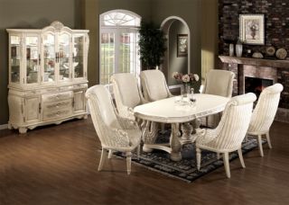 7pc Elegant Traditional European Ivory Swan Solid Wood Dining Table Set