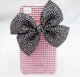 BB10 Bling Shiny Black Bow Pink Front Back Case Cover for iPhone 4 4S P
