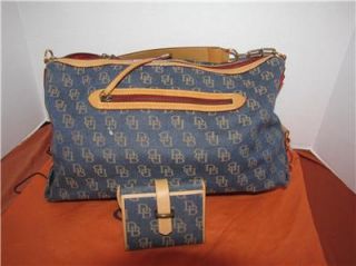 Auth Dooney Bourke Signature Shoulder Bag w Wallet Blue w Tan Leather Trim