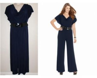 AGB Plus Womens Navy Blue Jumpsuit Flutter Sleeve with Belt Size 3X