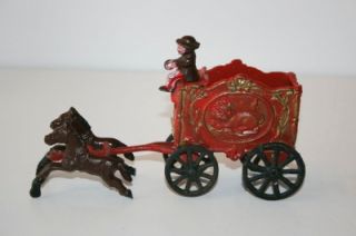 Vintage Cast Iron Enesco Red Circus Wagon Driver Horse