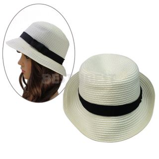 New Womens Mens Unisex Fedora Trilby Cap Summer Beach Sun Straw Panama Hat Cream