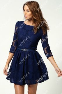 Womens Fashion Crewneck V Back Belt Flower Lace 3 4 Sleeve Mini Dress B3231