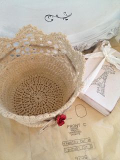 Ivory Crochet Lace Basket Twine Tag Rose for Candles Flowers Decor Gift 4 5"Tall