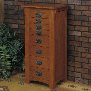 Powell Mission Oak Flip Top Mirror Jewelry Armoire 8 Black Fully Lined Drawers