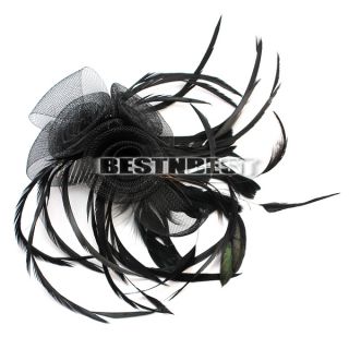 Bride Black Feather Mesh Net Flower Hair Accessory Large Comb Fascinator Prom
