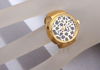 Gold Tone Metal Stretch Round Leopard Prints Pocket Ring Watch 0 87" Fashion