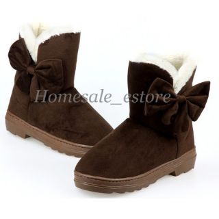 US 5 5 6 Brown Women Casual Slip on Flat Heels Bowknot Snow Boots Mid Calf Shoes