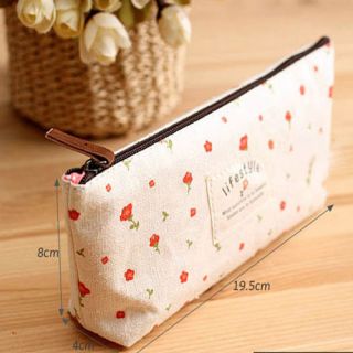 Linen Countryside Rural Style Floral Pencil Pen Case Cosmetic Makeup Bag Pouch