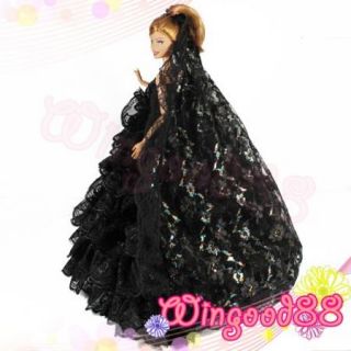 Handmade Black Lace Layer Gown Wedding Dress Veil Shoes Outfits for Barbie Doll