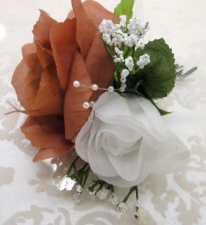 Roses Corsage Brown White Artificial Silk Wedding Flowers Prom Mother Corsage