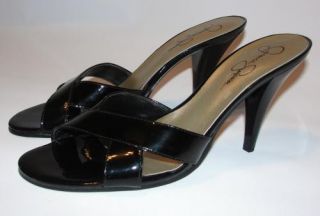 JS Jessica Simpson Womens Black Tieve Patent Leather Sandal Strappy Slide Sexy 8