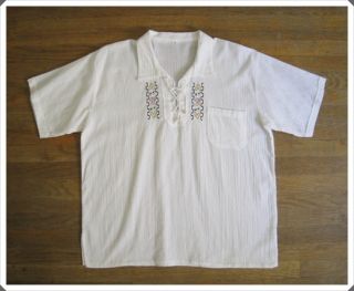 Vtg 70s White Cotton Gauze Embroidered Shirt M L Mexican Mayan Guatemalan Hippie