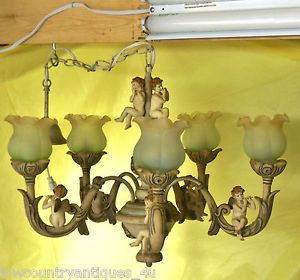 Unique Vintage Old Cherub Angel Chandelier Ceiling Light Fixture 5 Arms Globes