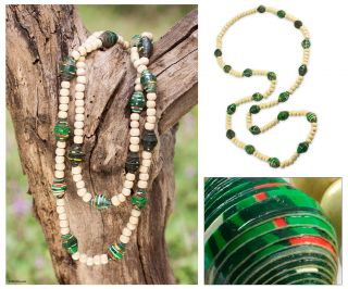 Eco Green Wood Recycled Paper Long Beaded Necklace Novica Guatemala