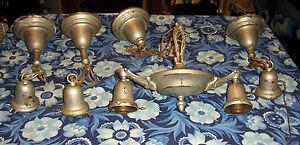 4 Antique Painted Brass and Metal Chain Ceiling Light Fixtures No Globes