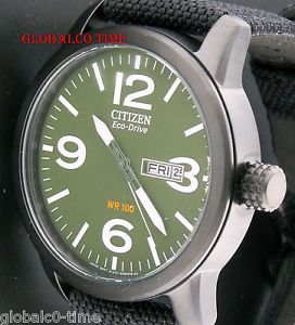 New Citizen Eco Drive Military Green Men's Watch Black Nylon Strap BM8475 00X