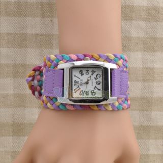Fashion Women Ladies Girl Leather Band Square Bracelet Quartz Wrist Watch Purple