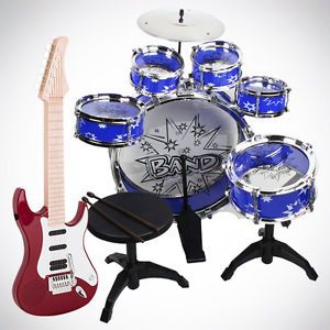 New 11 Pcs Kids Blue Drum Set Red Electric Guitar Combo Musical Toy Instrument
