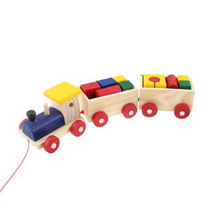 Assorted Color Wood Building Blocks 3 Vehicles Wooden Train Toys for Kids
