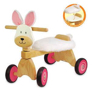 Kids Wooden Riding Trike Pink Bunny Rabbit Ride on Baby Activity Walking Toy