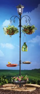 Outdoor Garden Decor Solar Lantern Post w Bird Feeder Hanging Basket Planter