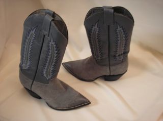 Grey Leather Suede Western Boots Womens 6 C Blue White Scroll Embroidery