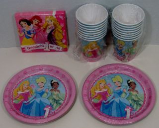 Disney Princess First Birthday Party Set 16 Dessert Plates Beverage Napkins Cups