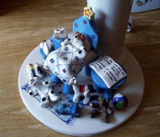 OOAK Clay Art Boys Dog Nursery Room Ceramic Table Lamp Puppy Toys Blue Light