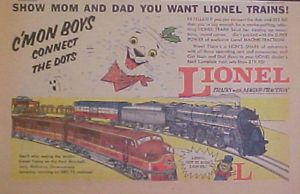1955 Lionel Electric Trains Model Railroad Show Mom Dad Cartoon Kids Toy Ad