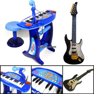 New Kids Electric Blue Piano Keyboard Black Guitar Musical Instrument Toy Set