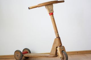 Vintage 80s Wooden Scooter Wood Toy Childern Toddler Kid Bike Bicycle Trike