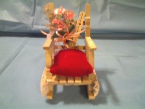Vintage Look Doll Clothespin Rocking Chair with Red Velvet Pillow Flowers