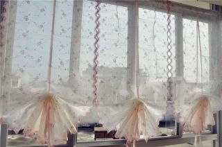 Country Style Hand Embroidered Pink Roses Balloon Shade Sheer Voile Curtain E15