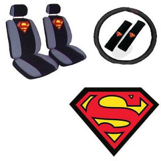 9pc DC Superman Comic Front Bucket Car Seat Cover Set Steering Wheel Seat Belt