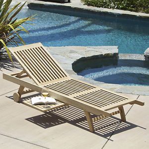 Outdoor Patio Furniture Eucalyptus Chaise Lounge Chair w Slide Out Table