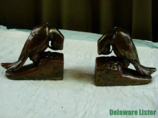Vintage Pair Art Deco Bronze Clad Parrot Bird Bookends Armor Co 1920
