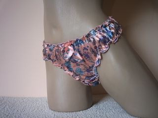 Cute Girly Floral Print Salmon Satin Bikini Style Knickers Panties M L