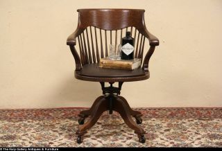 Swivel Adjustable 1895 Antique Oak Leather Desk Chair