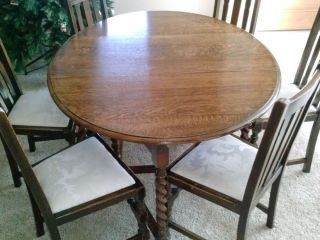 Large Antique English Tiger Oak Barley Twist Drop Leaf Dining Table w 6 Chairs