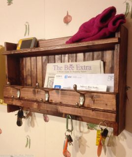 24” Handcrafted Rustic Wall Mount Mail Key Organizer Shelf Coat Rack Mahogany