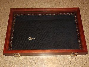 Large Cherry Wood Shadow Box Glass Display Case Key Lock 12x18 Blue Suede Corded