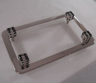 Chrome Motorcycle License Plate Tag Frame 4 Clear Gem Dice Lic Fastener Bolts