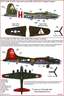 Kits World Decals 1 48 Boeing B 17 Flying Fortress Sweet Lovely Nine O Nine