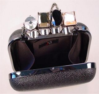 Black Hard Case Knuckle Clutch Purse Evening Bag with Jeweled Stones